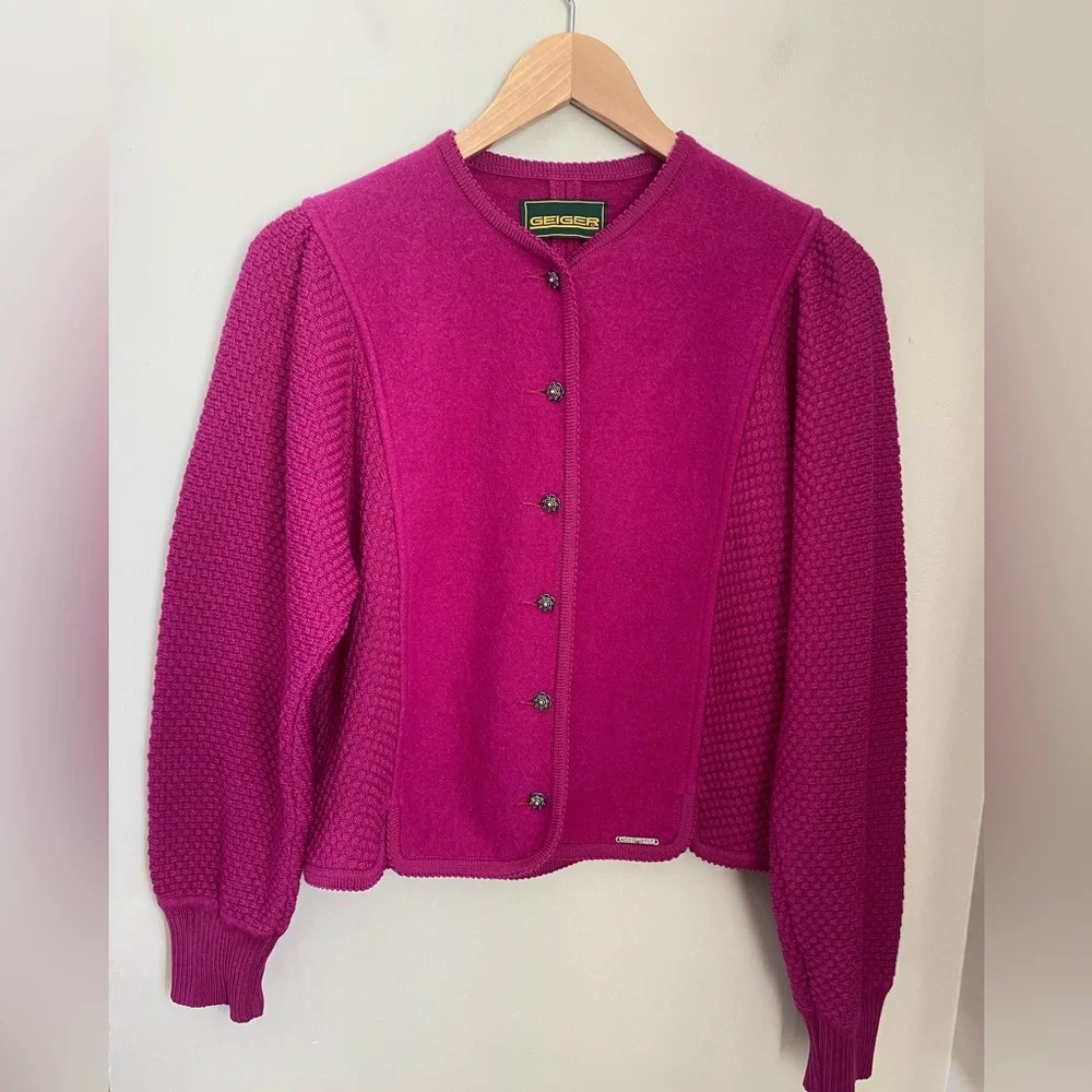 SOLD Vintage Geiger Wool Knit Cardigan Puffy Shoulder Alpine Folk Jacket M - Picture 2 of 13